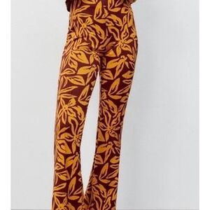 Zara Floral Print Flare‎ Leg Pants Brown Gold Retro Bohemian Festival